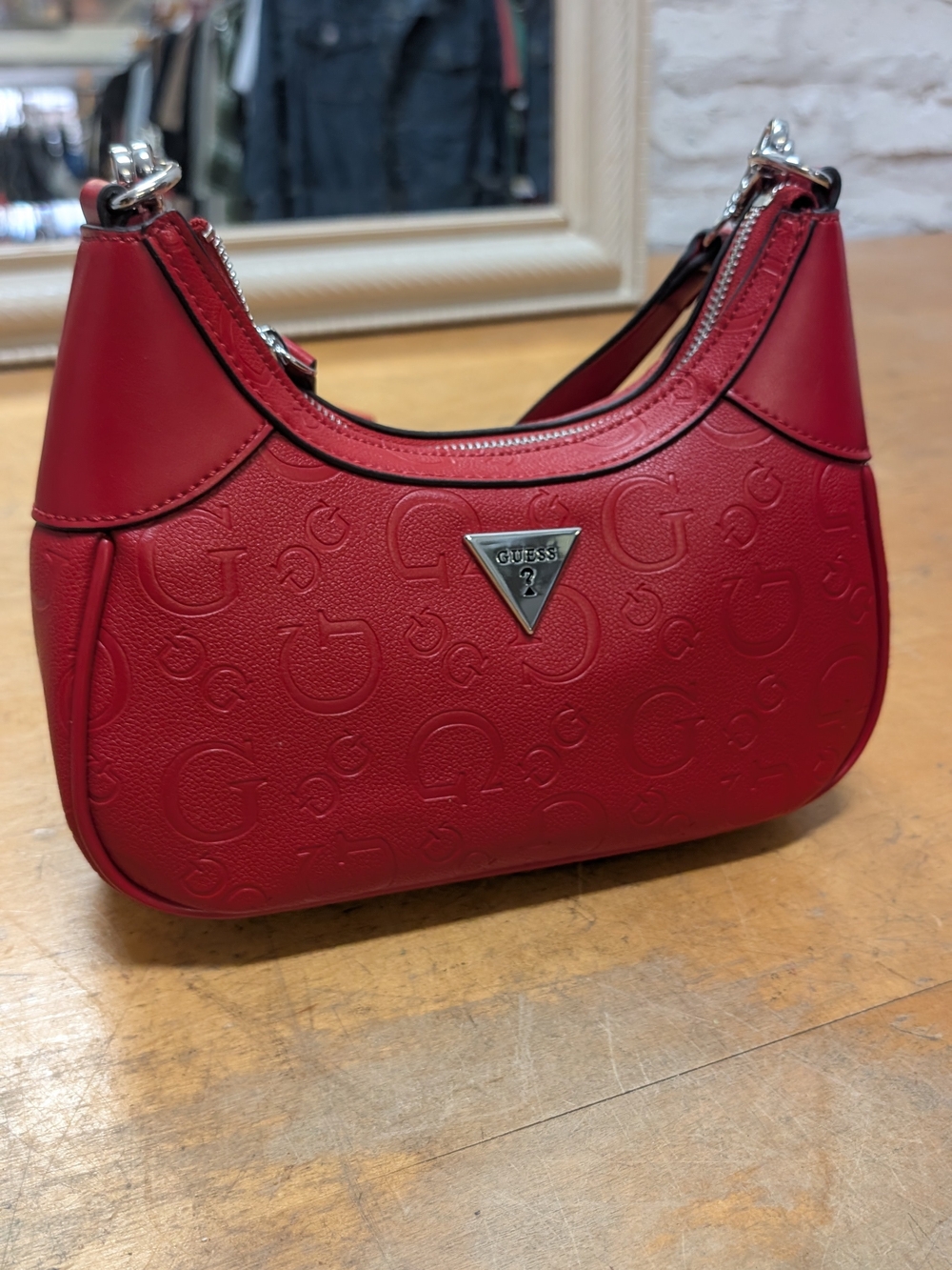 GUESS Red Embossed Logo Crescent Shoulder Bag
